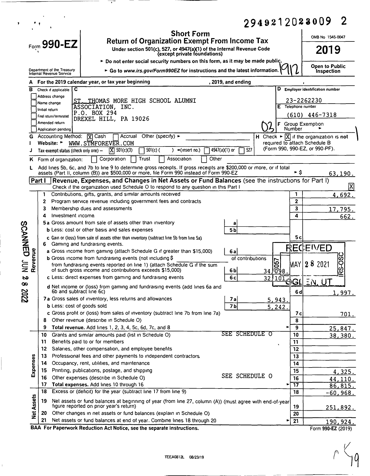 Image of first page of 2020 Form 990EZ for St Thomas More High School Alumni Association