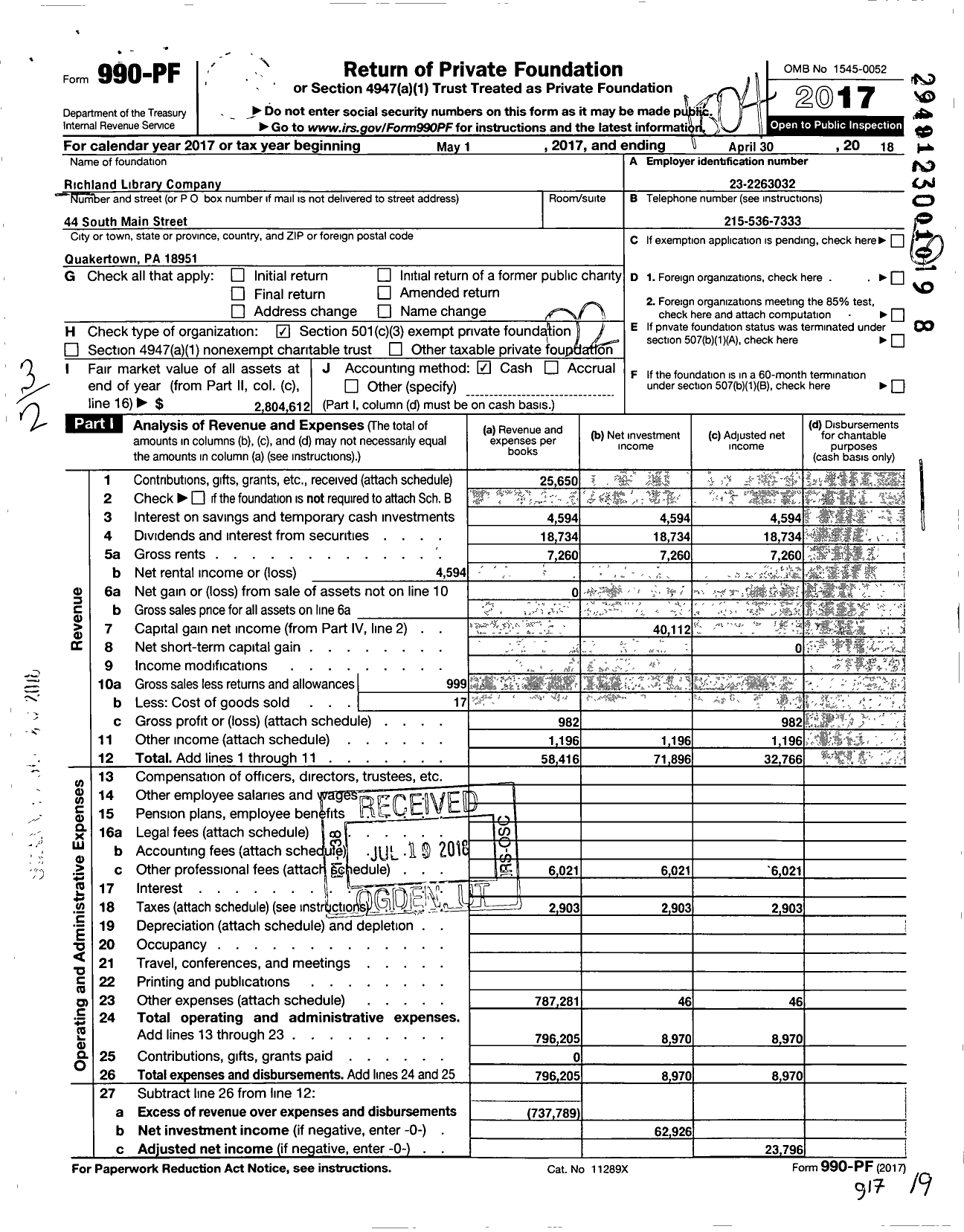 Image of first page of 2017 Form 990PF for Richland Library Company
