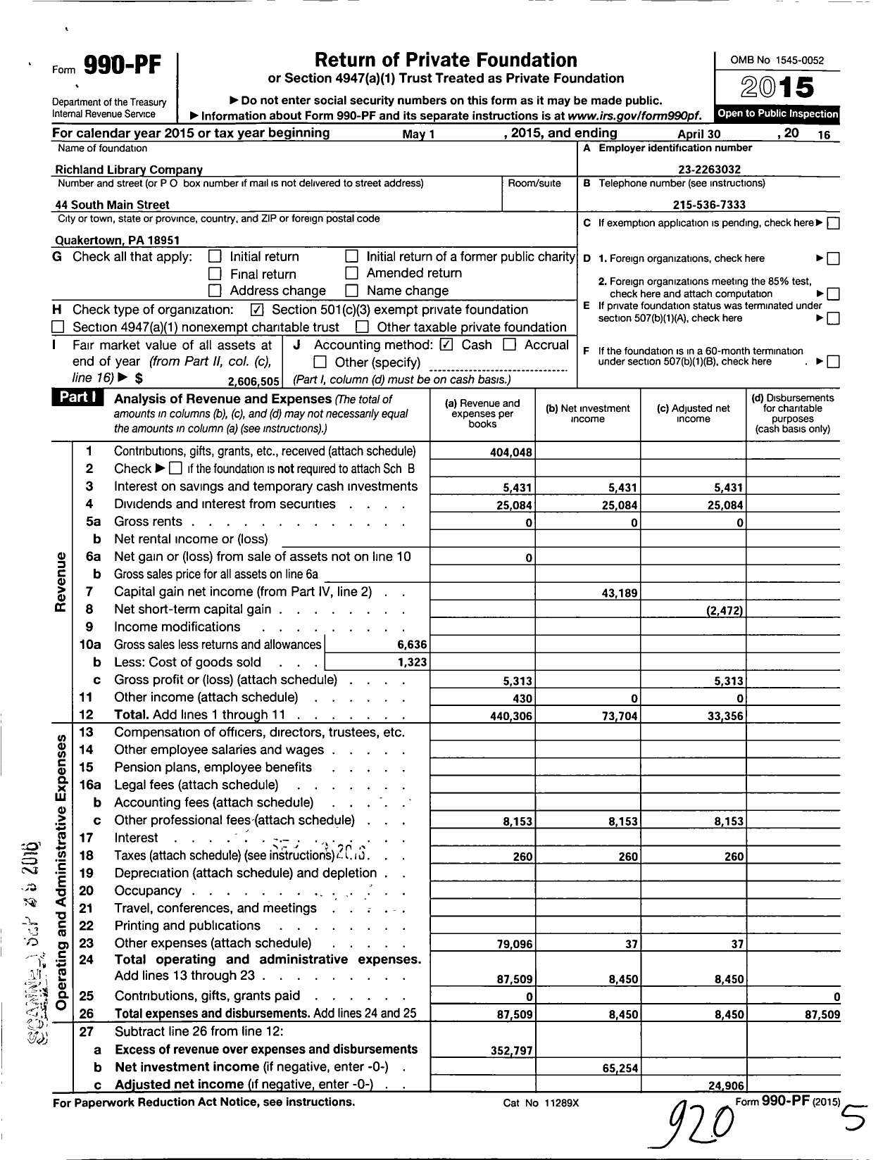 Image of first page of 2015 Form 990PF for Richland Library Company