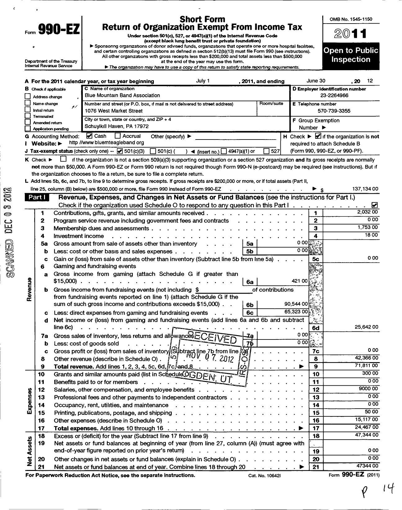 Image of first page of 2011 Form 990EZ for Blue Mountain Band Association