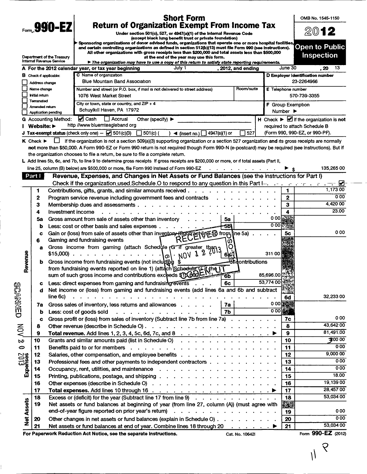 Image of first page of 2012 Form 990EZ for Blue Mountain Band Association