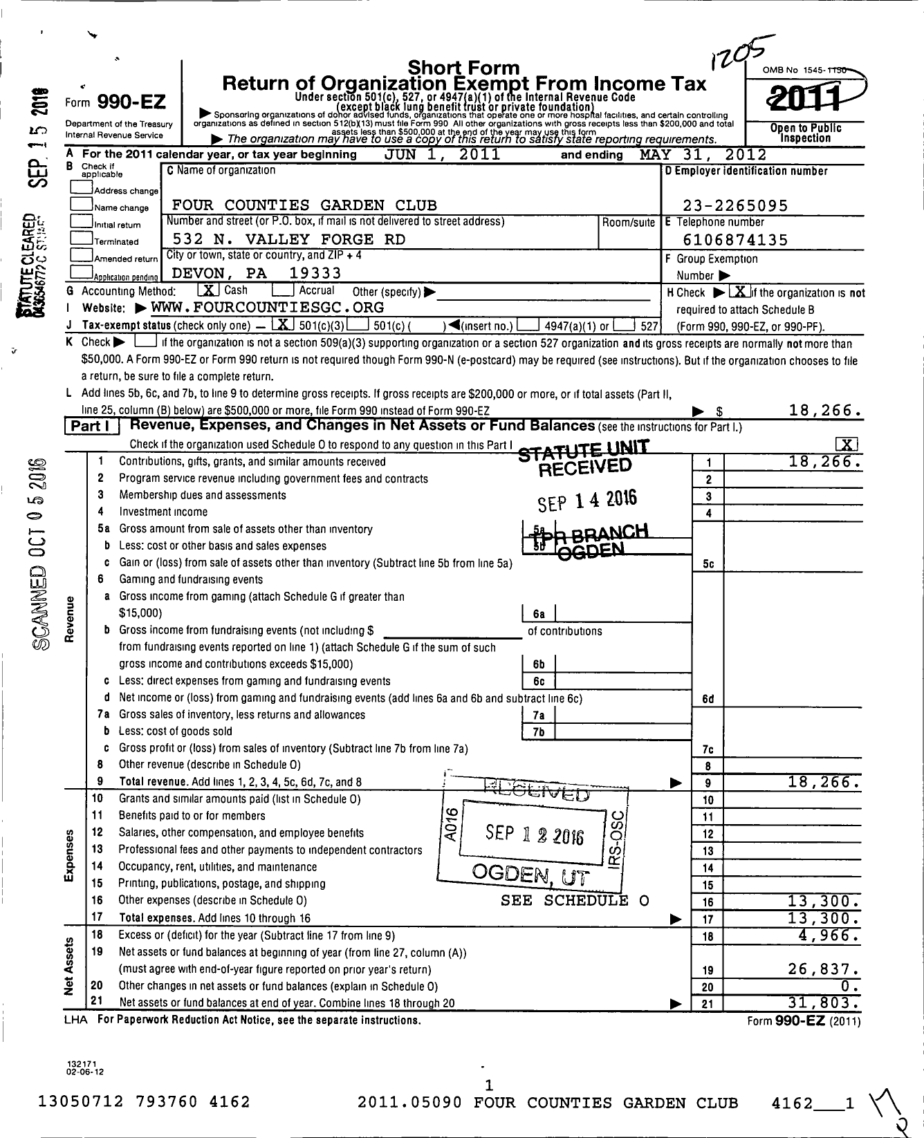 Image of first page of 2011 Form 990EZ for Four Counties Garden Club