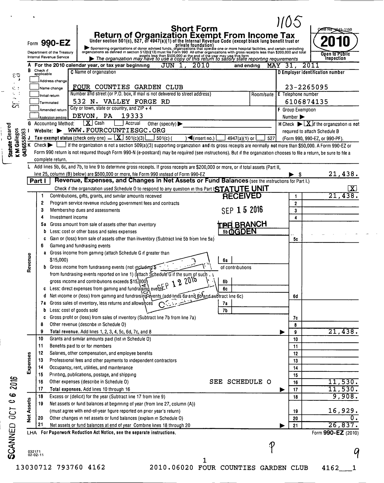 Image of first page of 2010 Form 990EZ for Four Counties Garden Club