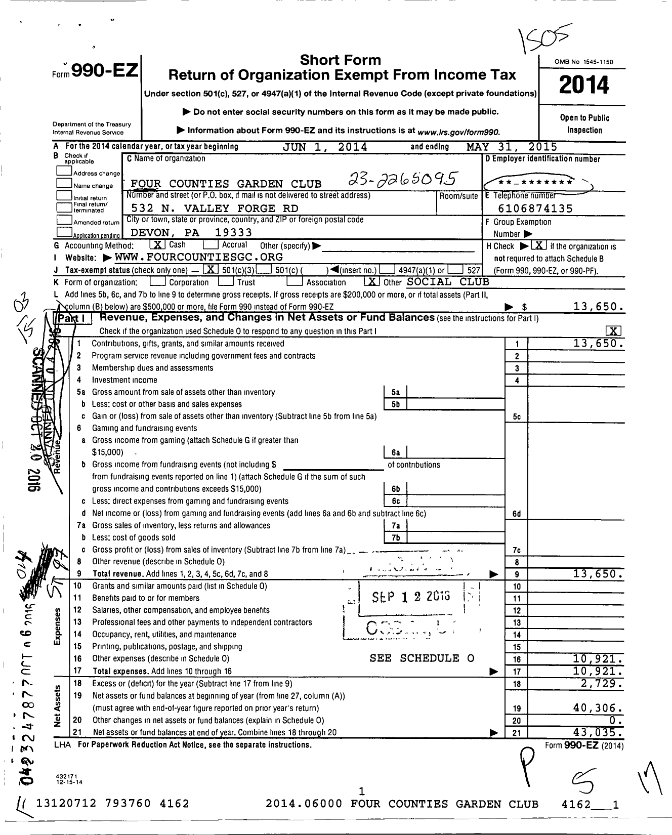 Image of first page of 2014 Form 990EZ for Four Counties Garden Club