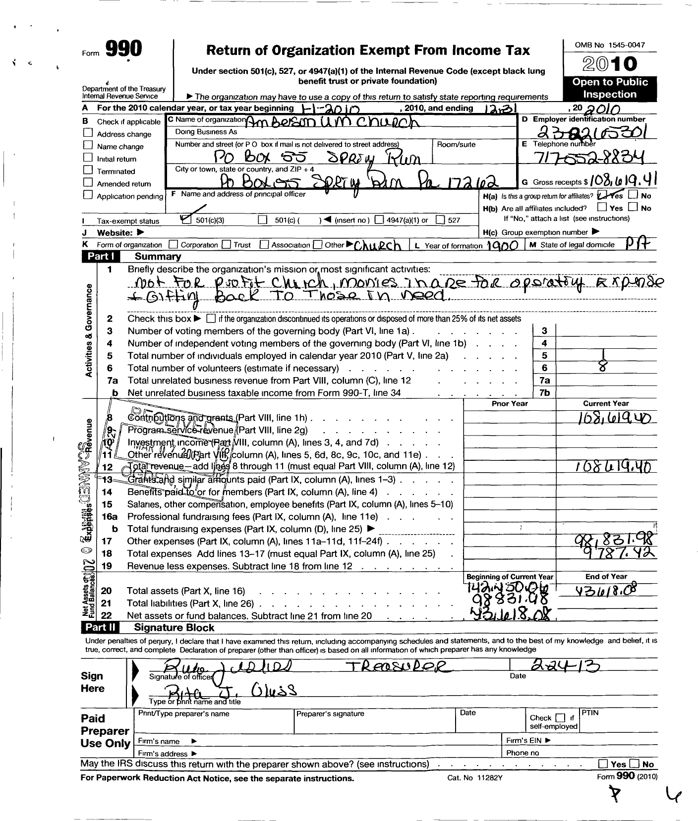 Image of first page of 2010 Form 990 for Amberson Um Church
