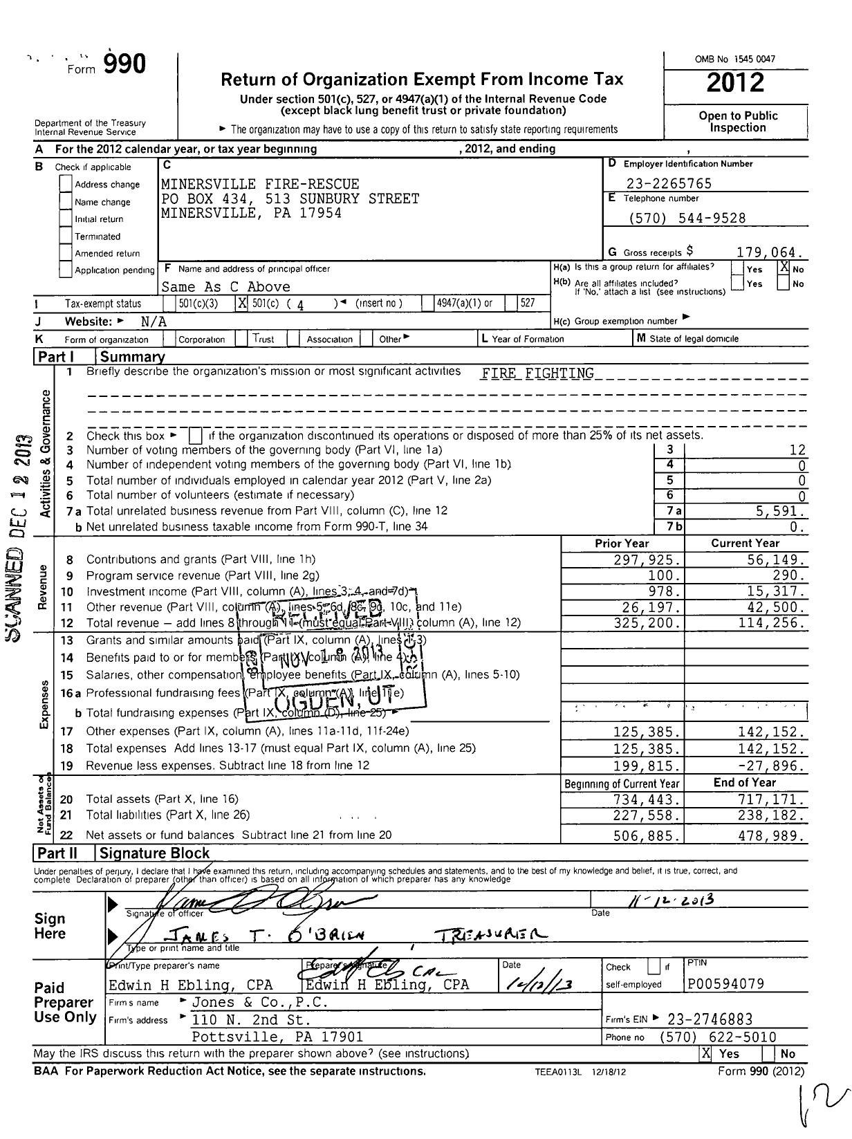 Image of first page of 2012 Form 990O for Minersville Fire - Rescue