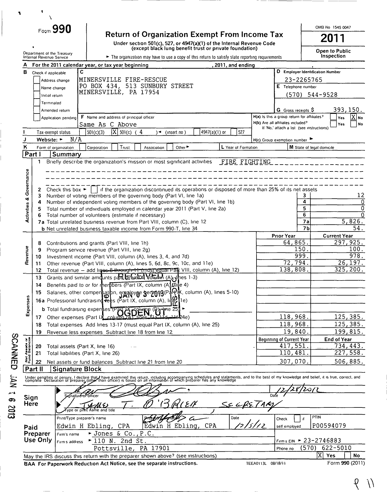 Image of first page of 2011 Form 990O for Minersville Fire - Rescue