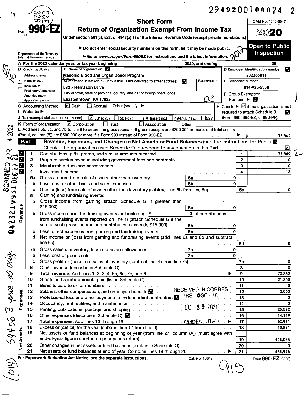 Image of first page of 2020 Form 990EZ for Masonic Blood and Organ Donation Program