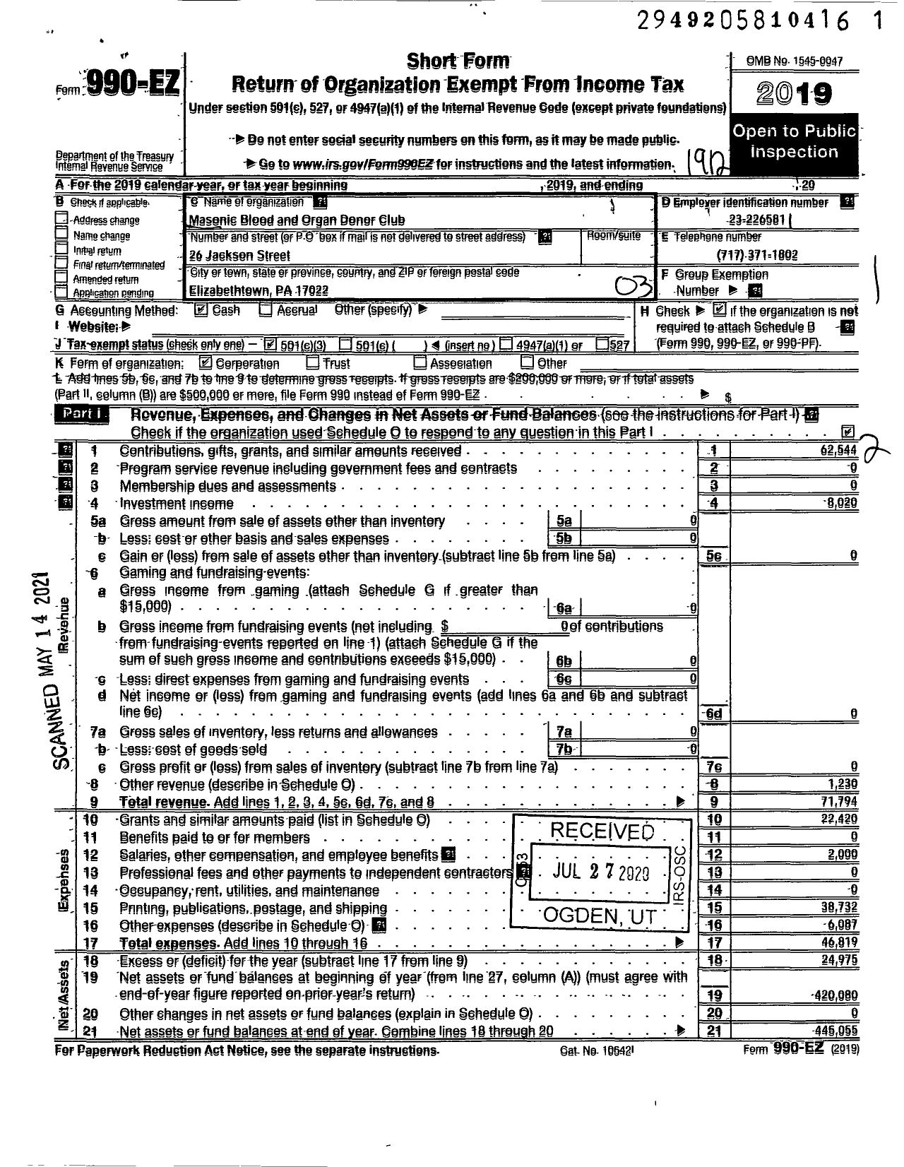 Image of first page of 2019 Form 990EZ for Masonic Blood and Organ Donation Program