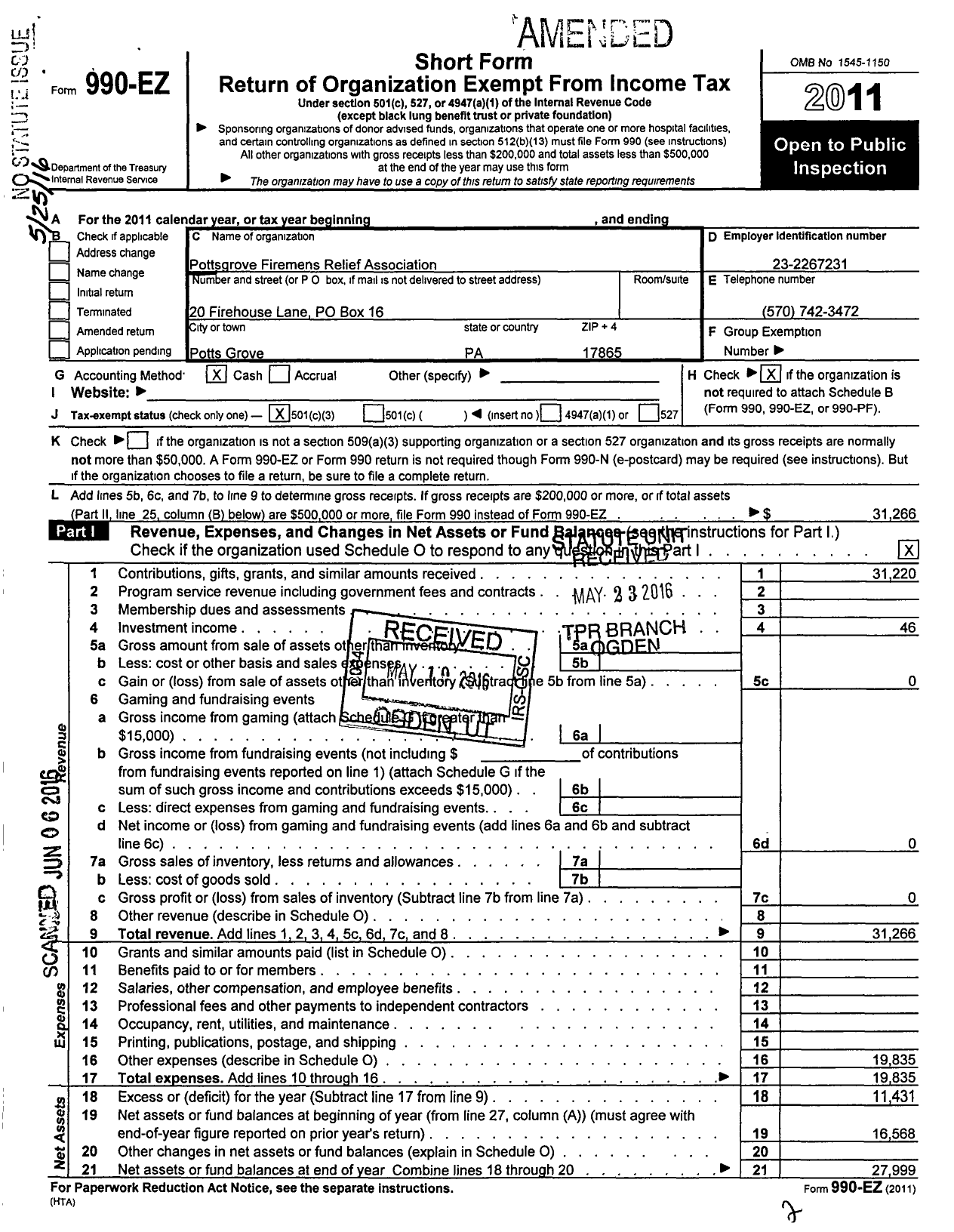 Image of first page of 2011 Form 990EZ for Pottsgrove Firemans Relief Association