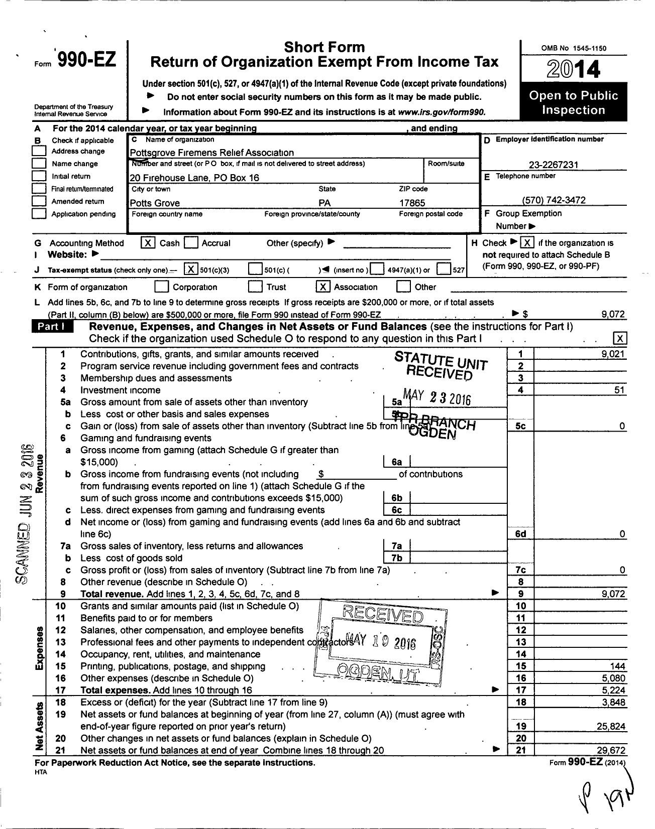 Image of first page of 2014 Form 990EZ for Pottsgrove Firemans Relief Association