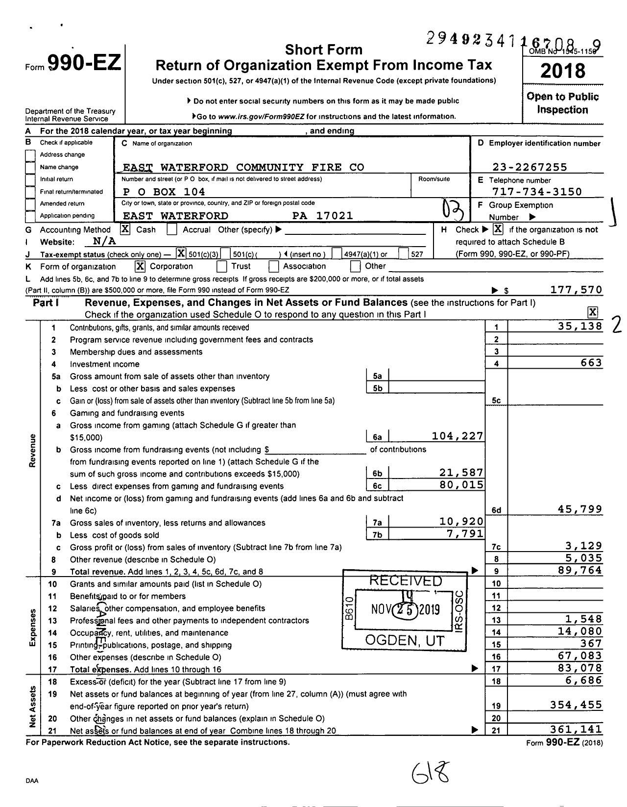 Image of first page of 2018 Form 990EZ for East Waterford Community Fire