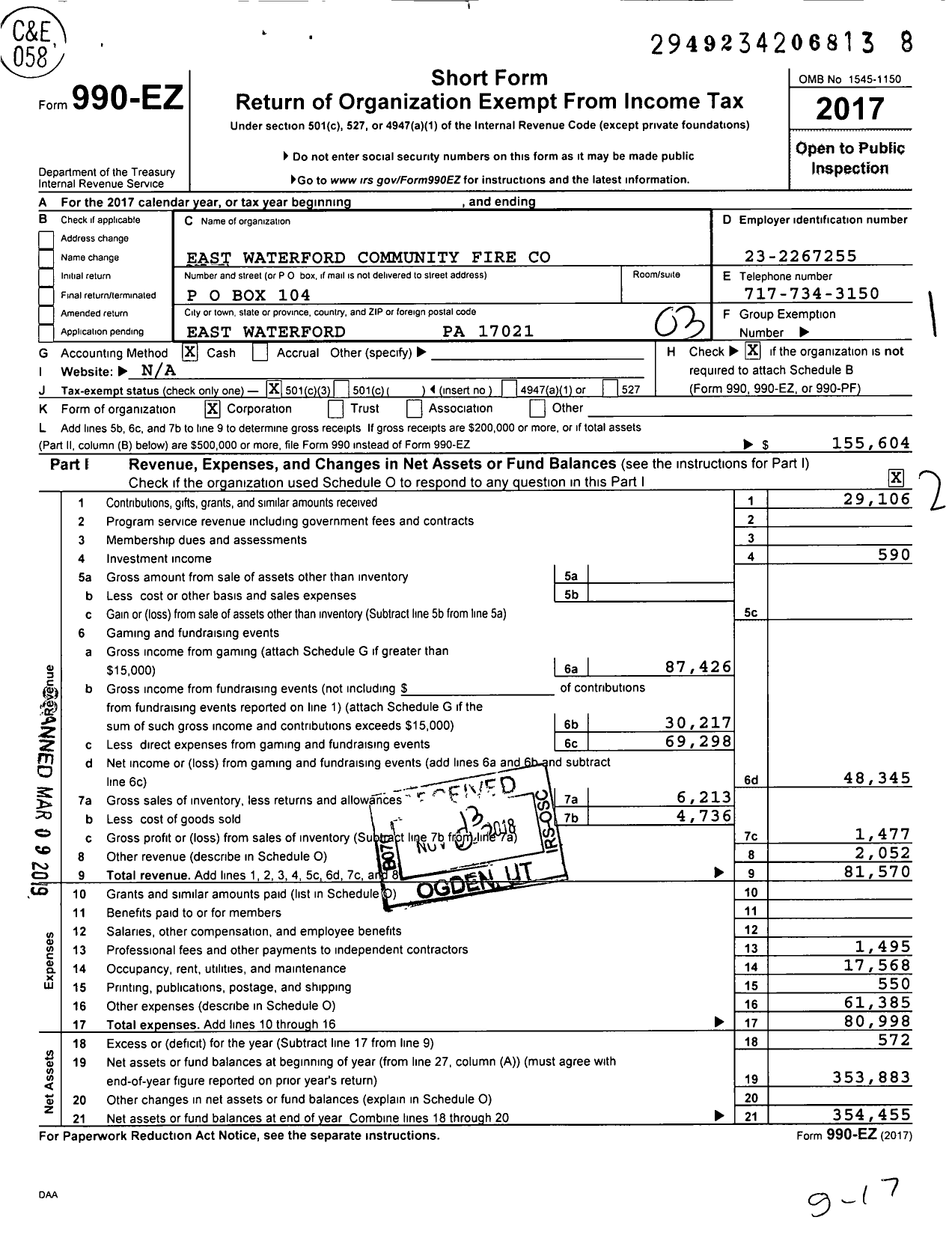 Image of first page of 2017 Form 990EZ for East Waterford Community Fire