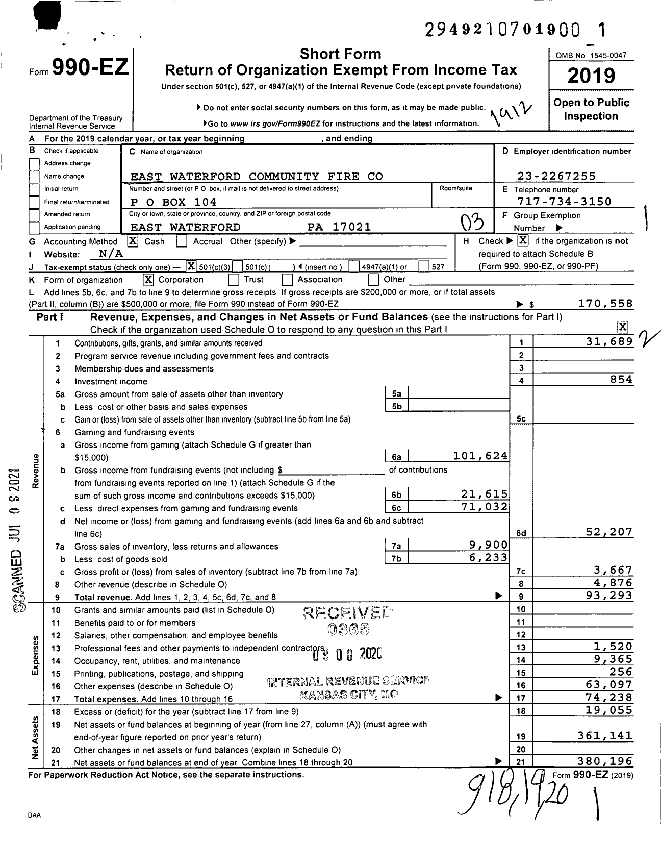 Image of first page of 2019 Form 990EZ for East Waterford Community Fire