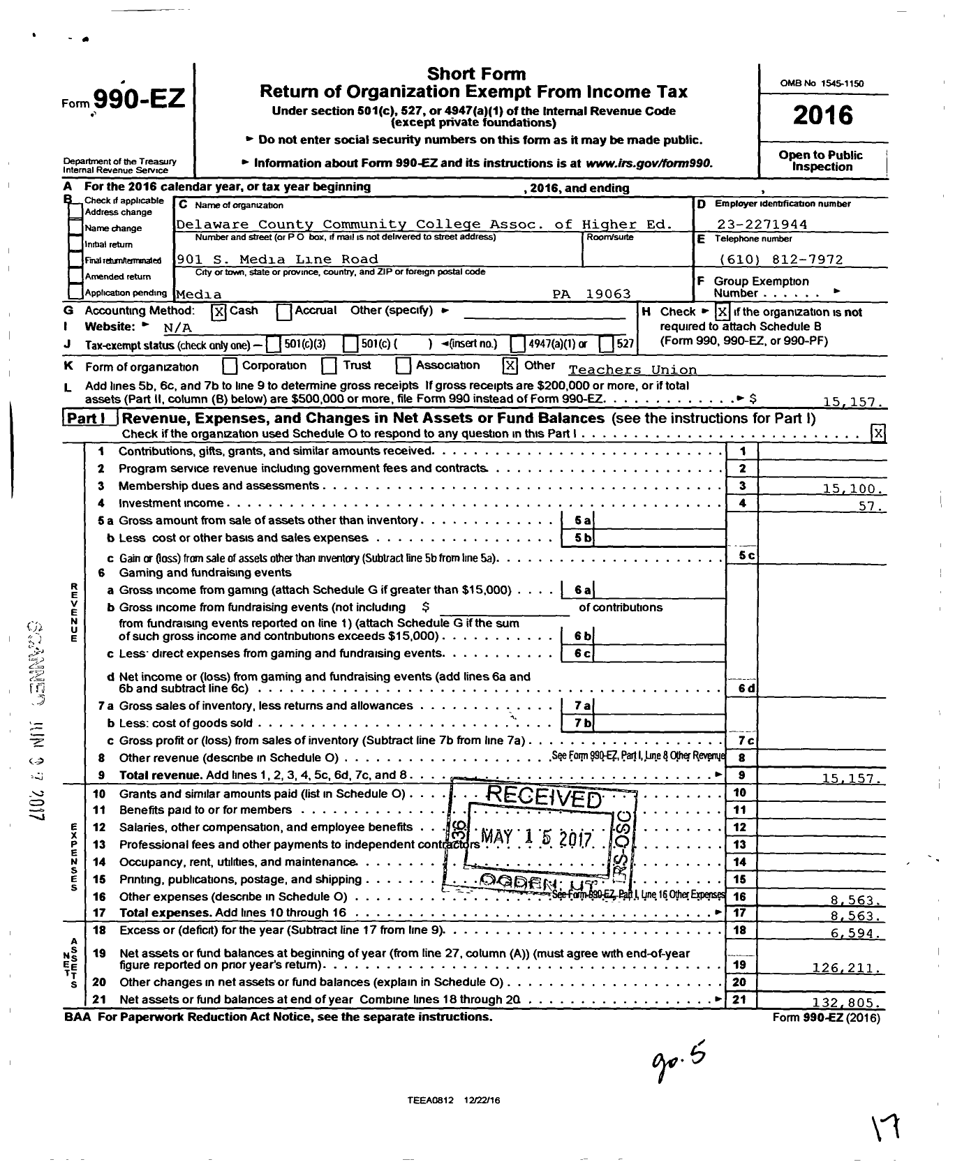 Image of first page of 2016 Form 990EO for Delaware County Community College