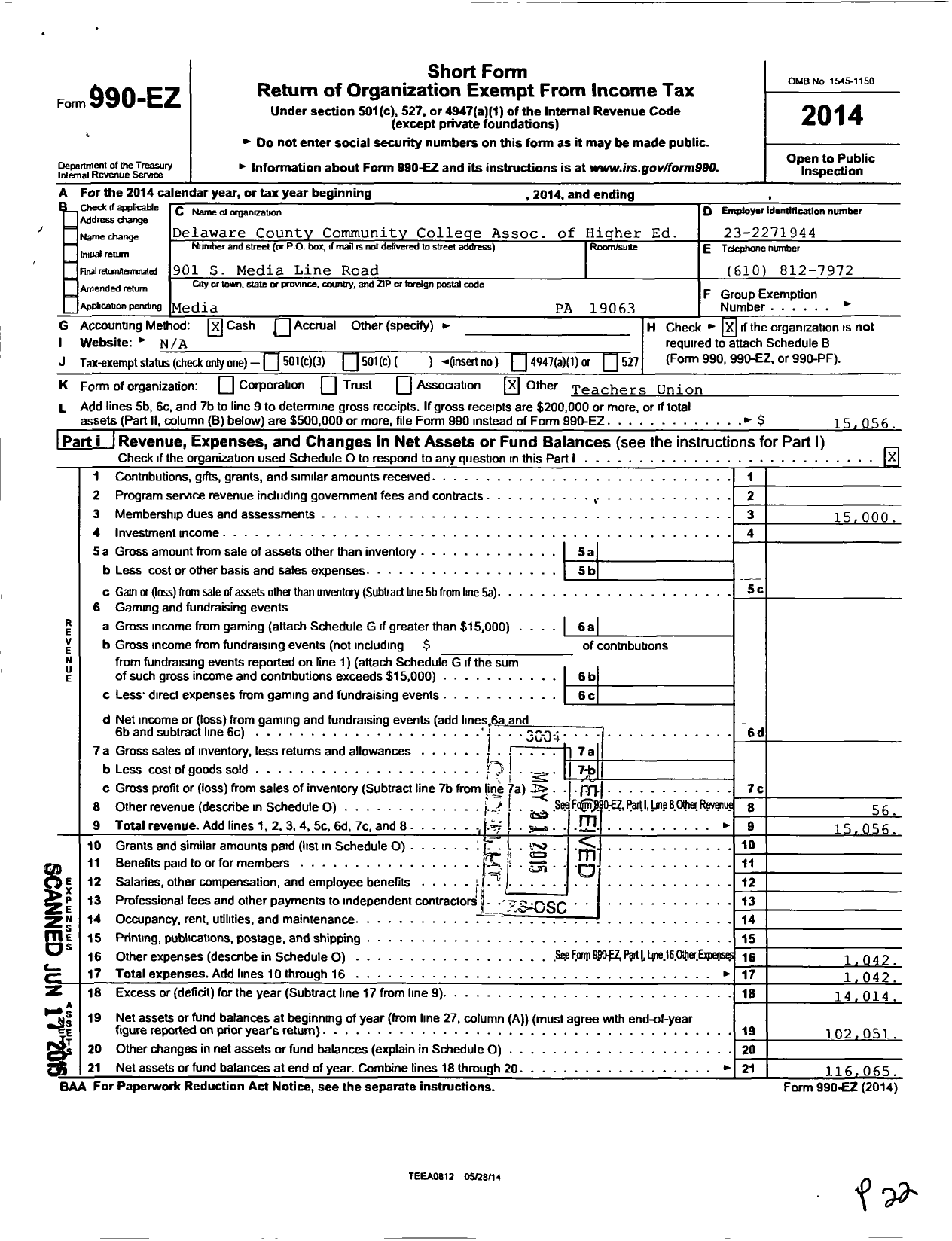 Image of first page of 2014 Form 990EO for Delaware County Community College