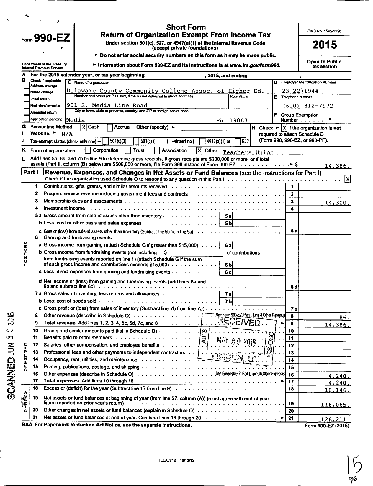 Image of first page of 2015 Form 990EO for Delaware County Community College