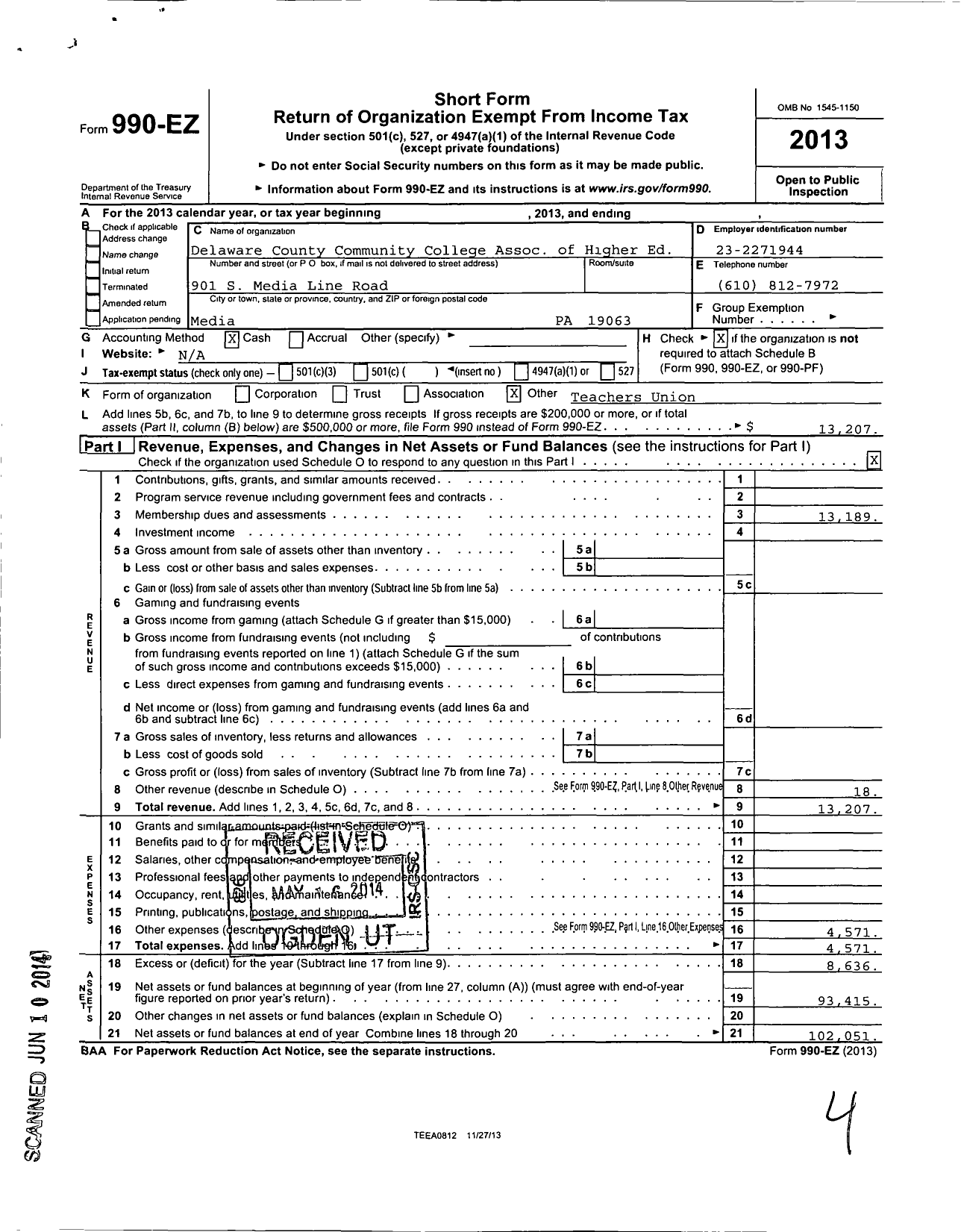 Image of first page of 2013 Form 990EO for Delaware County Community College