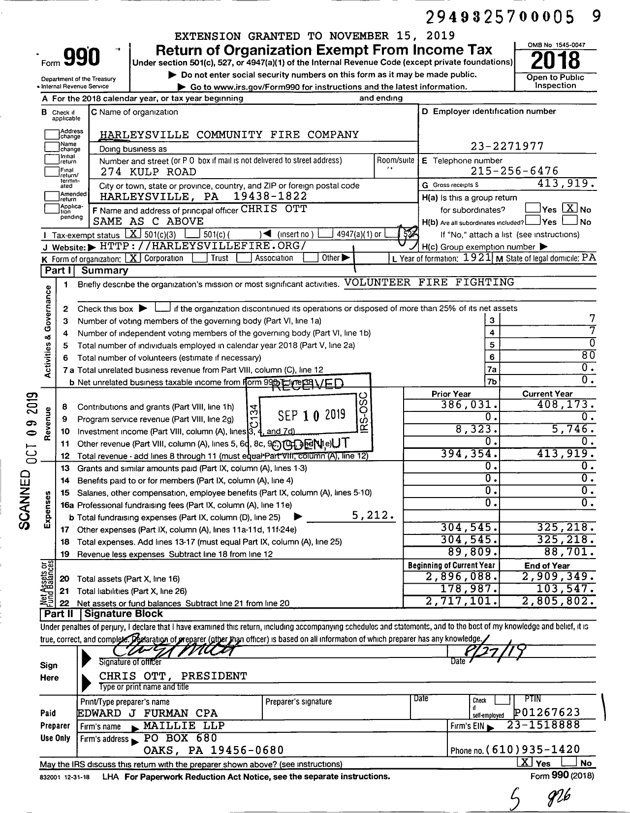 Image of first page of 2018 Form 990 for Harleysville Community Fire Company