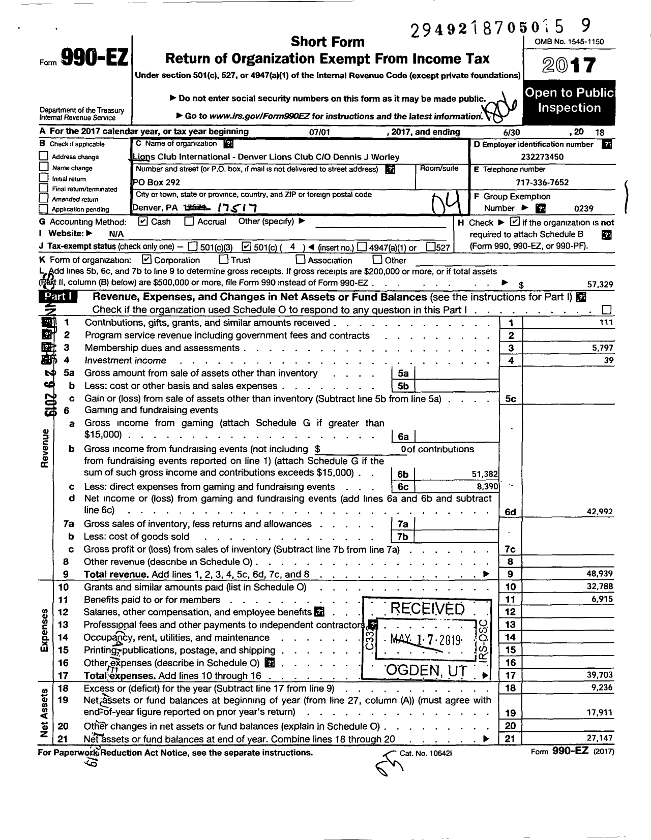 Image of first page of 2017 Form 990EO for LIONS CLUB International-Denver LIONS CLUB