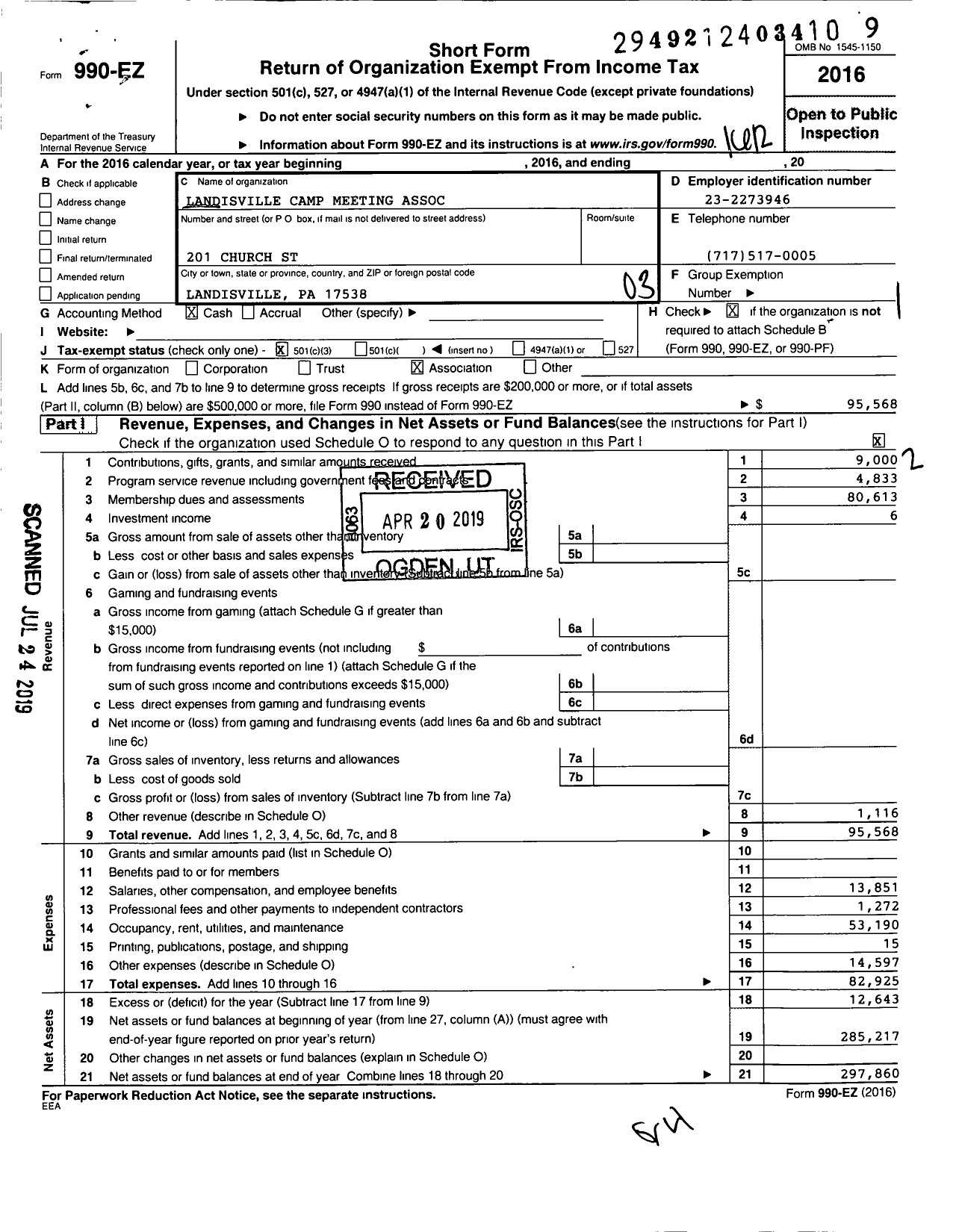 Image of first page of 2016 Form 990EZ for Landisville Camp Meeting Association