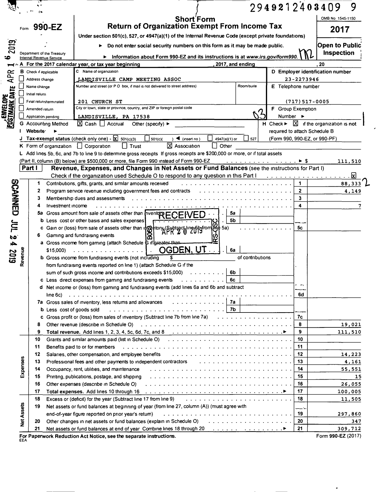 Image of first page of 2017 Form 990EZ for Landisville Camp Meeting Association