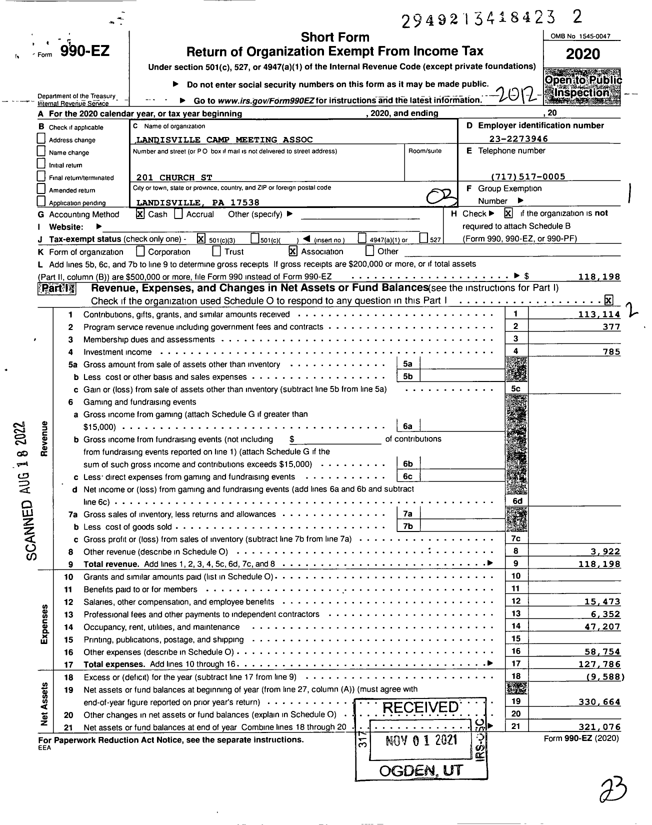 Image of first page of 2020 Form 990EZ for Landisville Camp Meeting Association