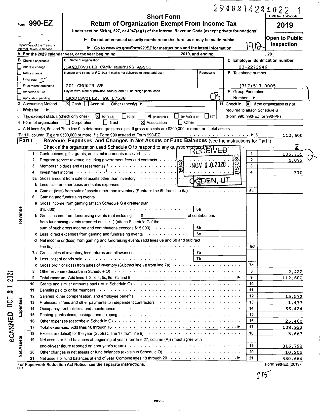 Image of first page of 2019 Form 990EZ for Landisville Camp Meeting Association