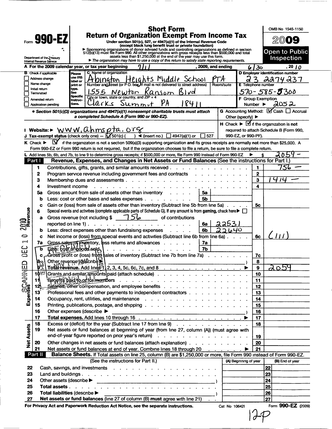 Image of first page of 2009 Form 990EO for PTA Pennsylvania Congress / Abington Heights Middle School PTA