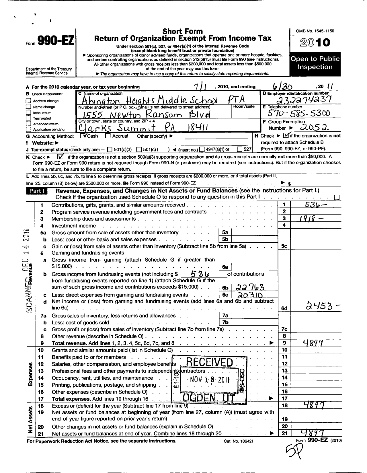 Image of first page of 2010 Form 990EO for PTA Pennsylvania Congress / Abington Heights Middle School PTA