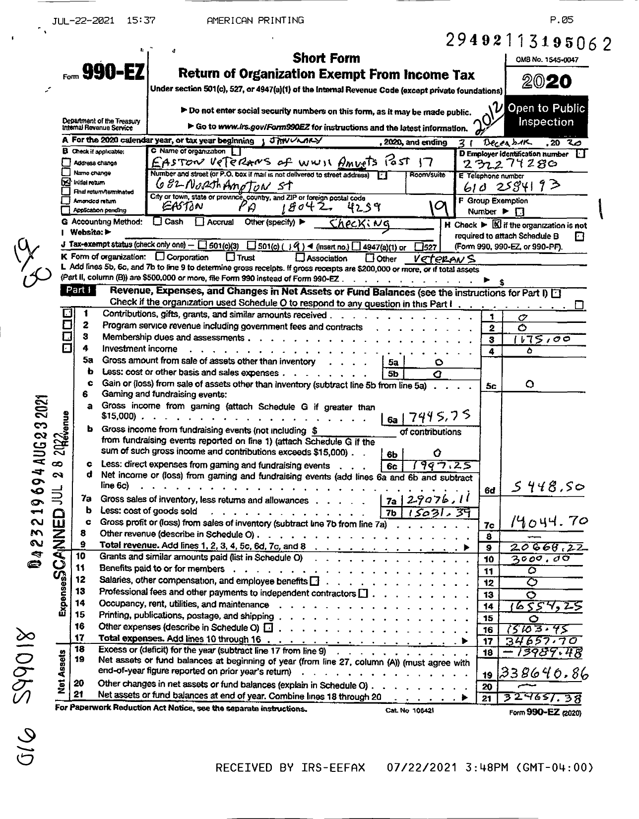 Image of first page of 2020 Form 990EO for Amvets - 0017 Pa