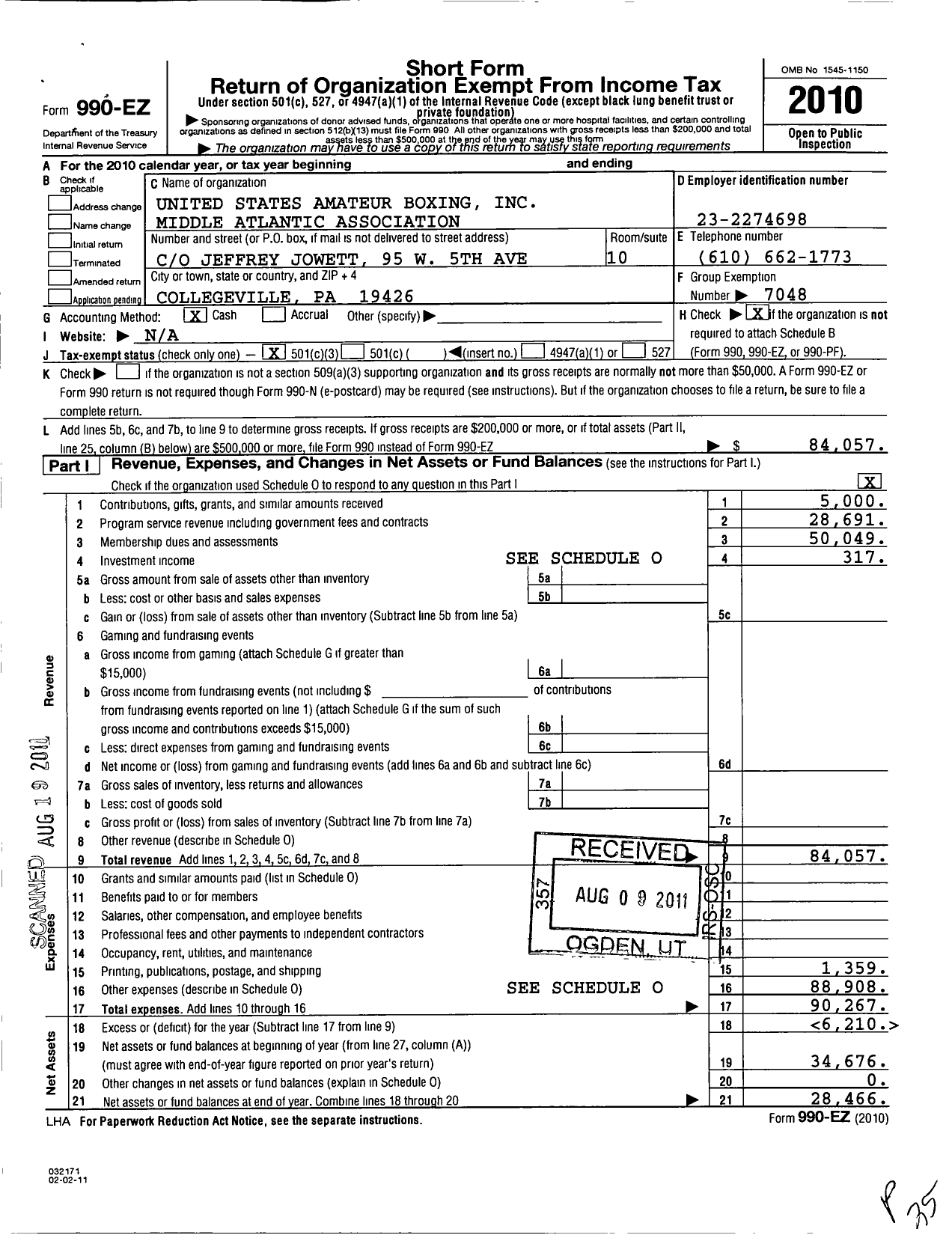 Image of first page of 2010 Form 990EZ for United States Amateur Boxing / Middle Atlantic Association