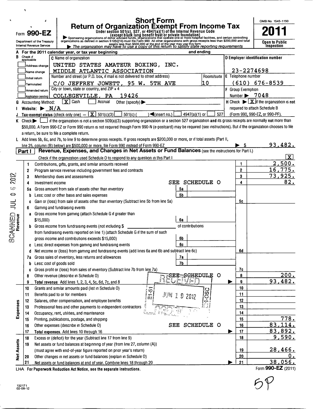 Image of first page of 2011 Form 990EZ for United States Amateur Boxing / Middle Atlantic Association