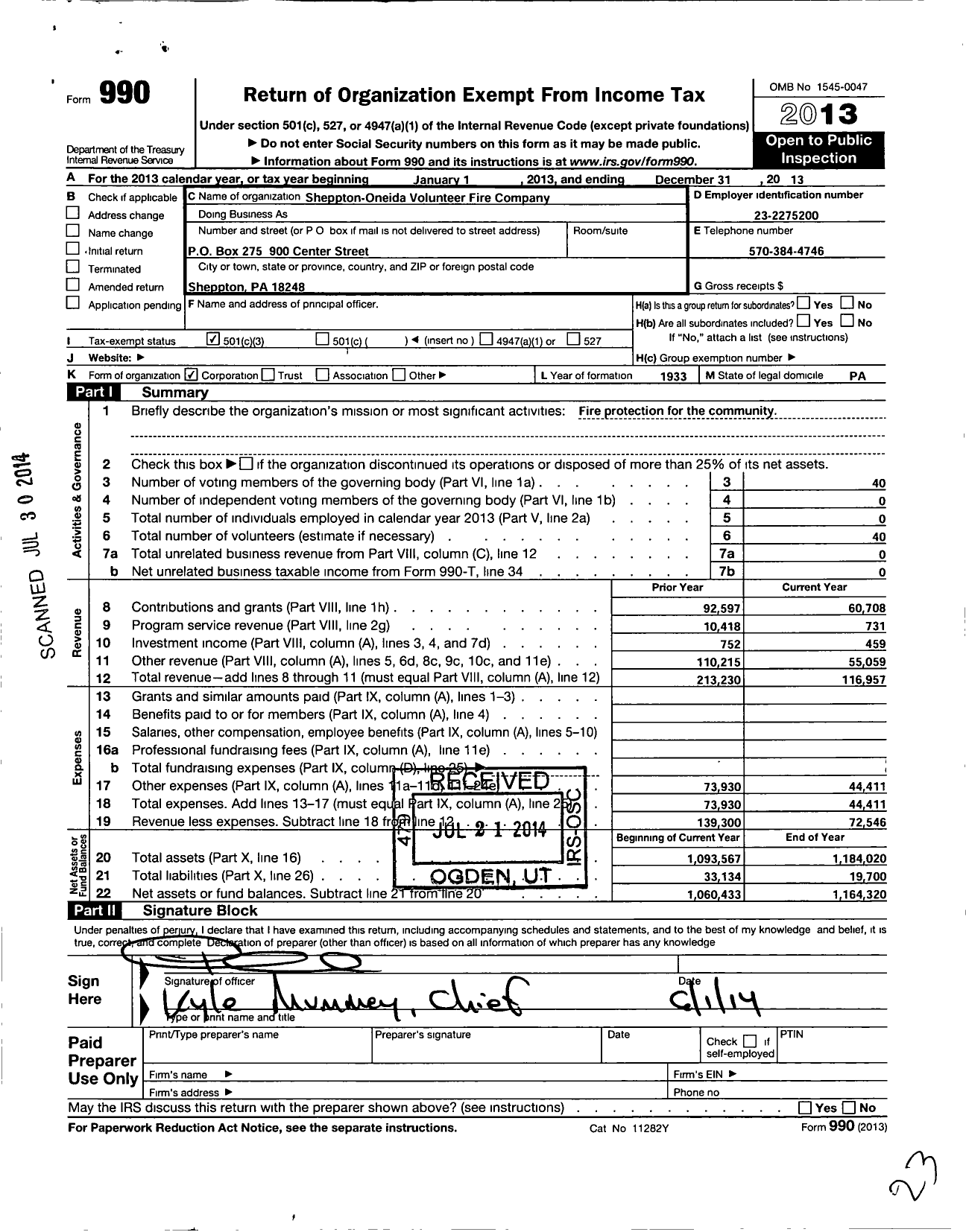 Image of first page of 2013 Form 990 for Sheppton Oneida Volunteer Fire Company