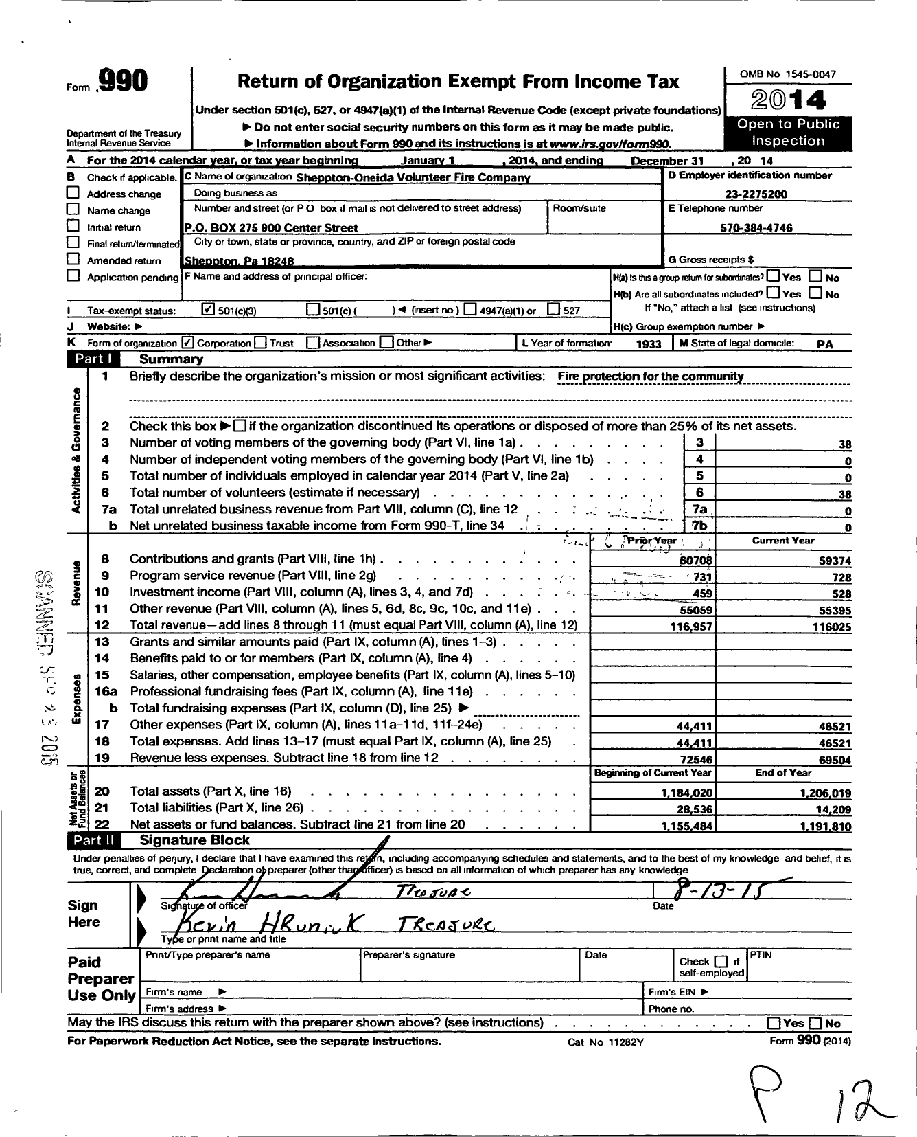 Image of first page of 2014 Form 990 for Sheppton Oneida Volunteer Fire Company