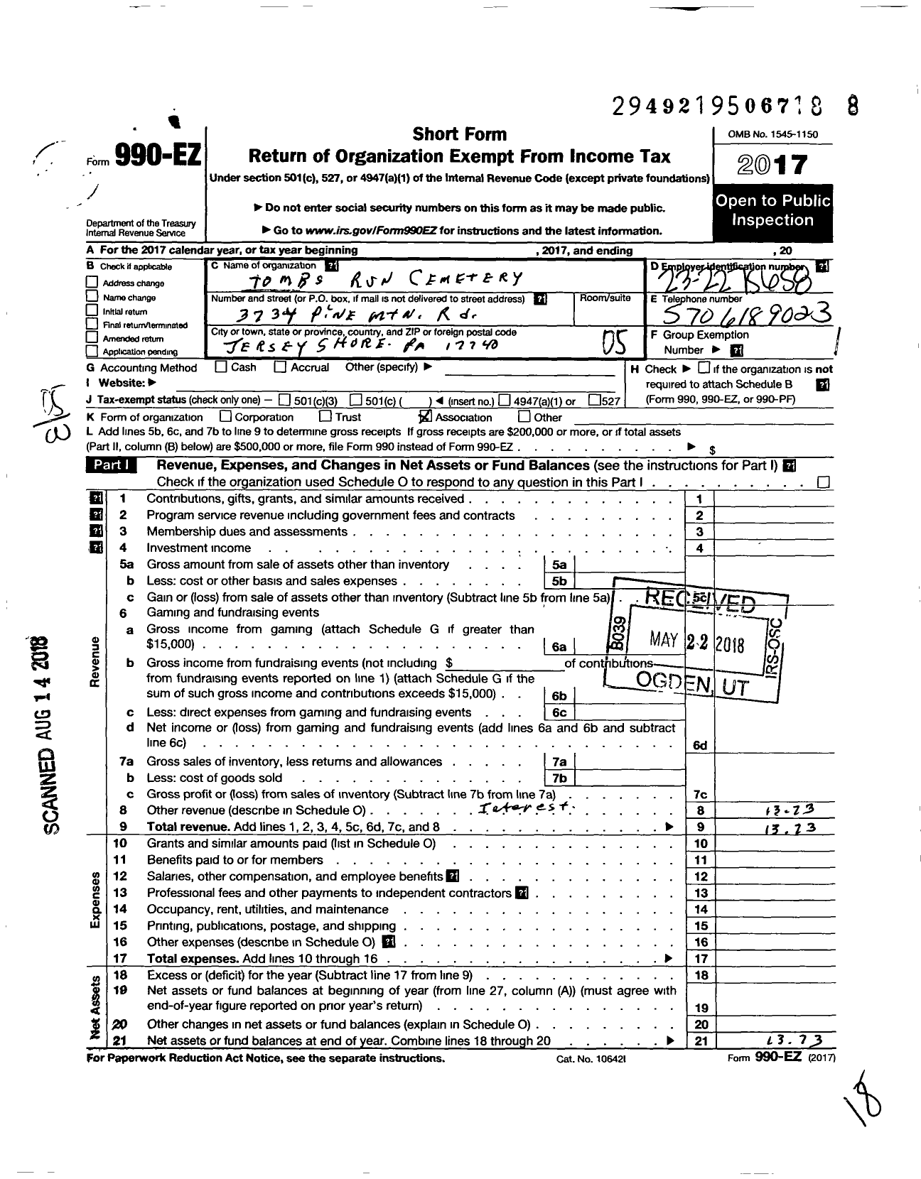 Image of first page of 2017 Form 990EO for Tombs Run Cemetery Fund