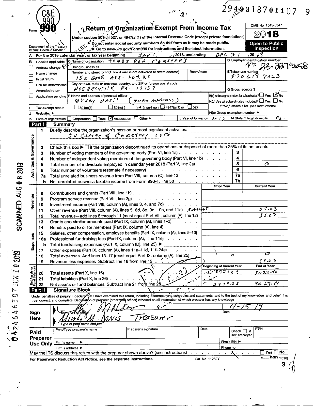 Image of first page of 2018 Form 990O for Tombs Run Cemetery Fund