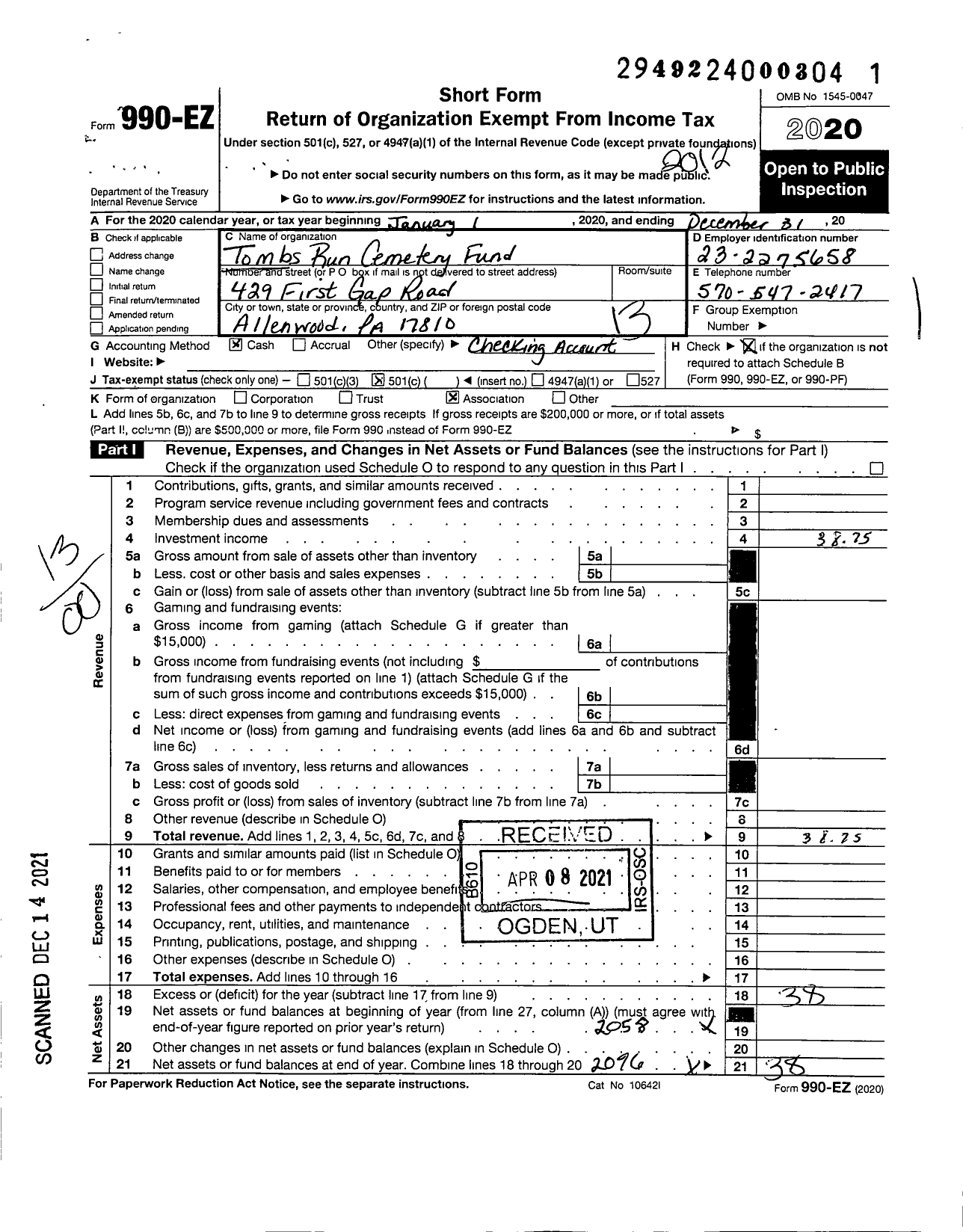 Image of first page of 2020 Form 990EO for Tombs Run Cemetery Fund