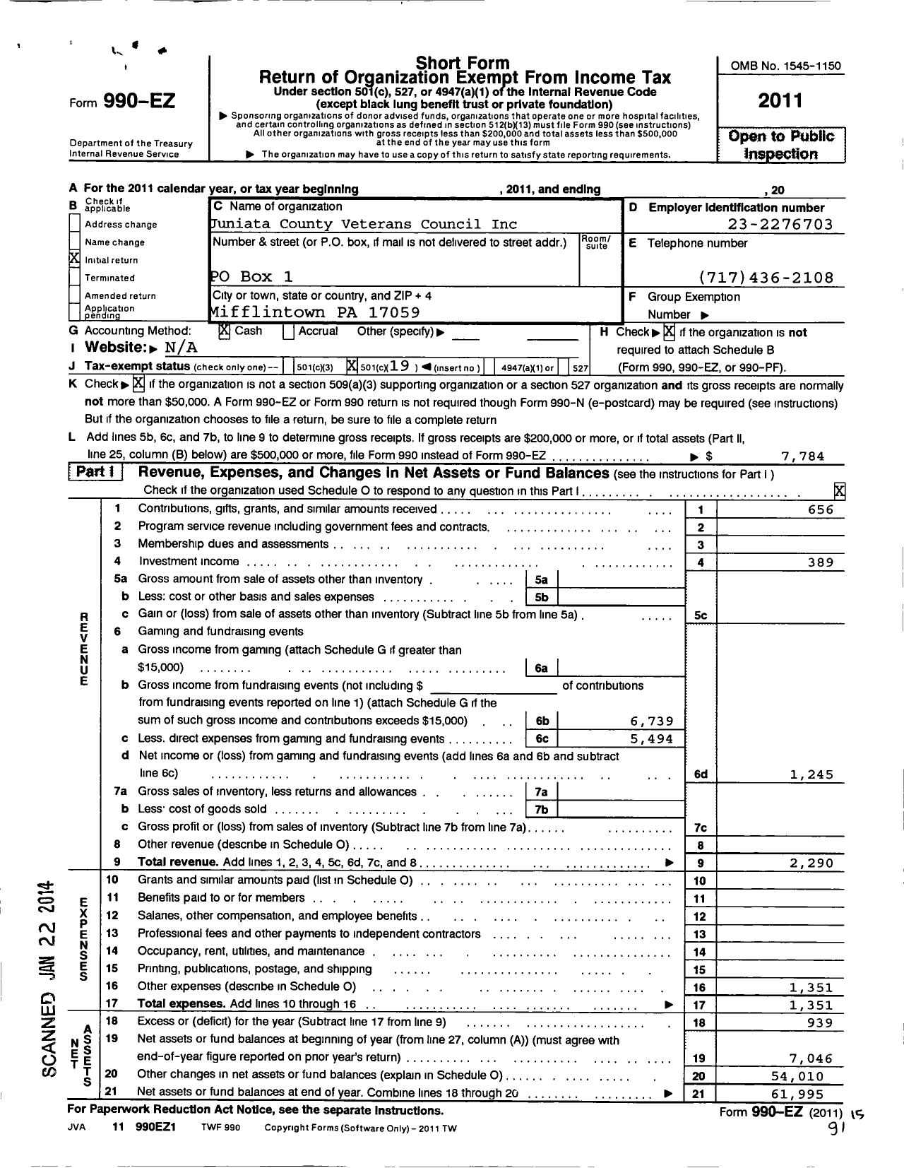 Image of first page of 2011 Form 990EO for Juniata County Veterans Council