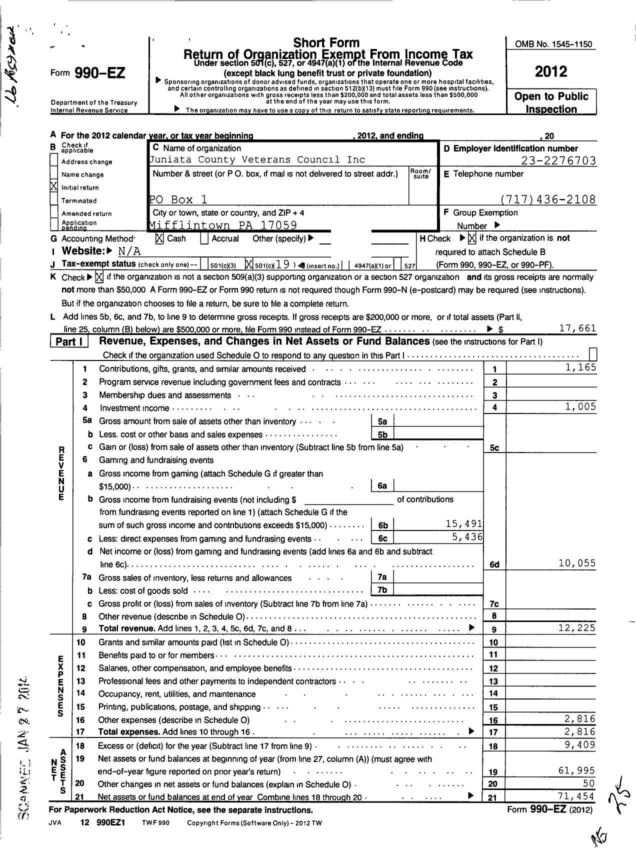 Image of first page of 2012 Form 990EO for Juniata County Veterans Council