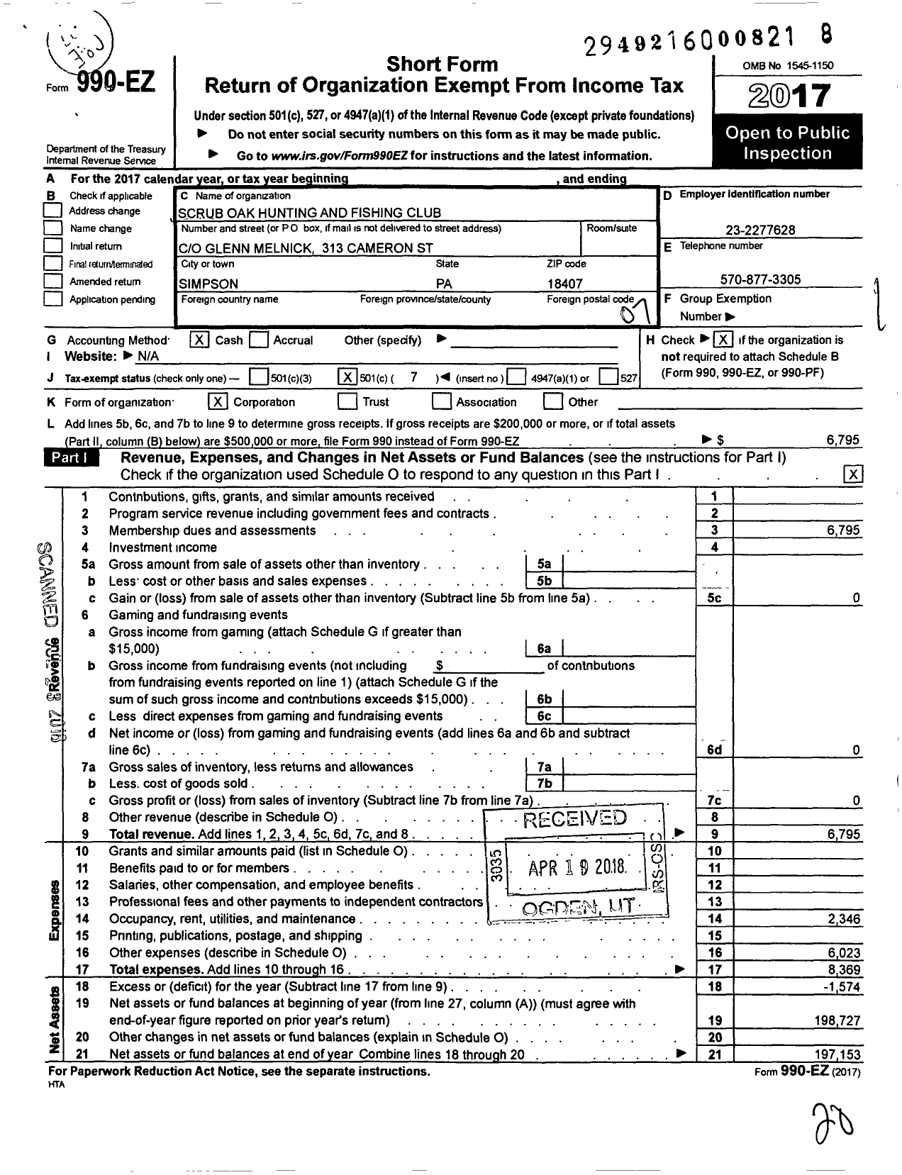 Image of first page of 2017 Form 990EO for Scrub Oak Hunting and Fishing Club