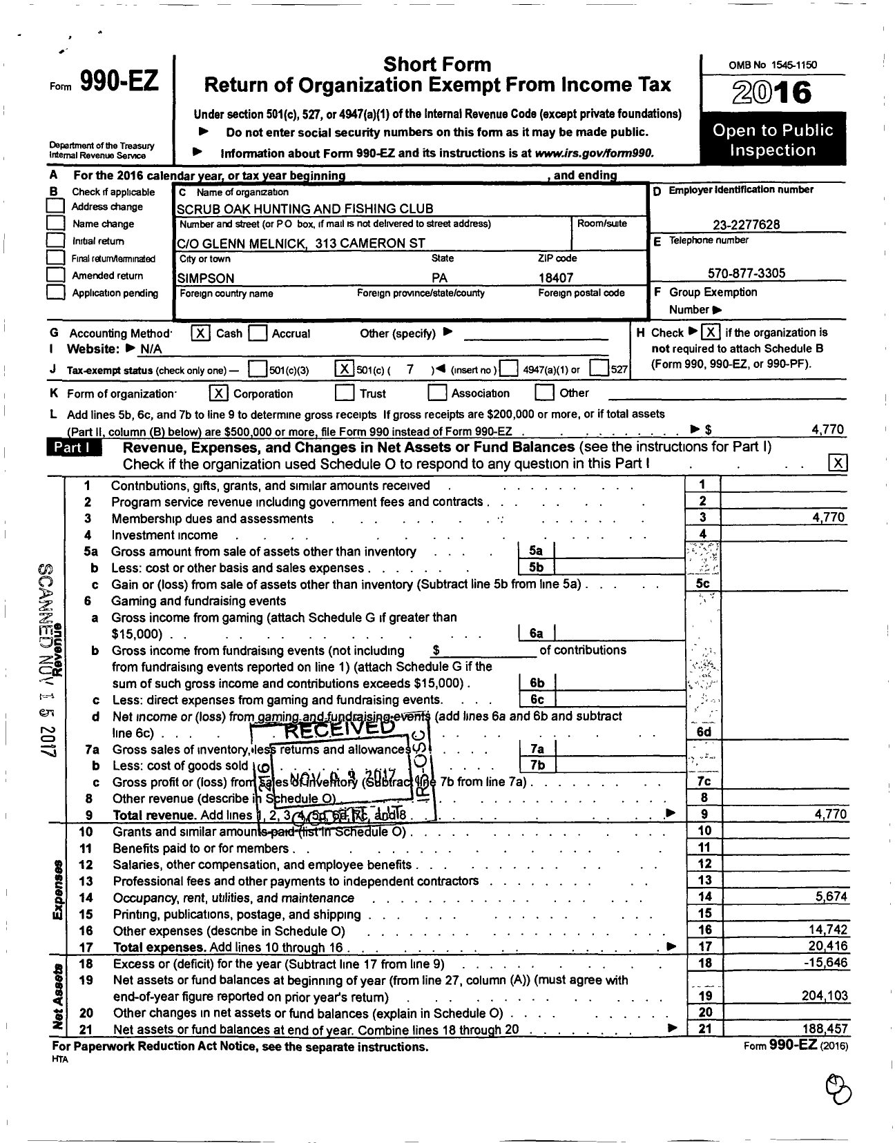 Image of first page of 2016 Form 990EO for Scrub Oak Hunting and Fishing Club