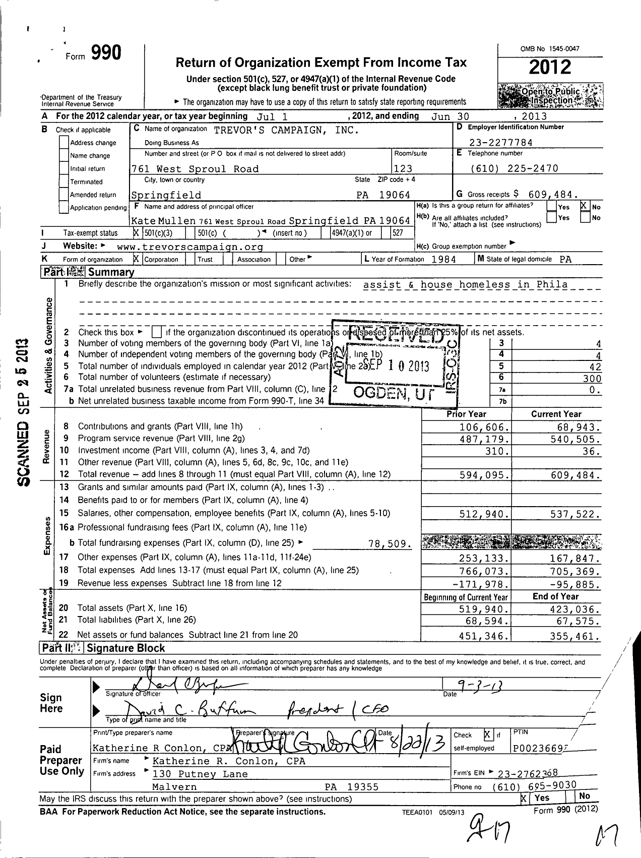 Image of first page of 2012 Form 990 for Trevor's Campaign