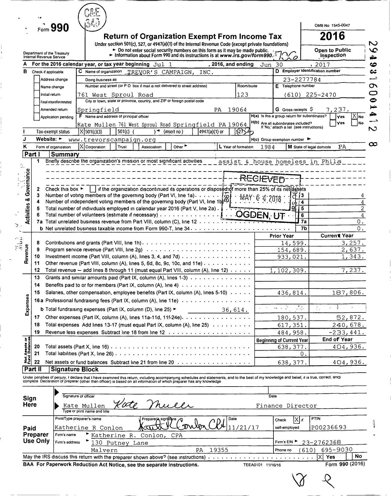 Image of first page of 2016 Form 990 for Trevor's Campaign