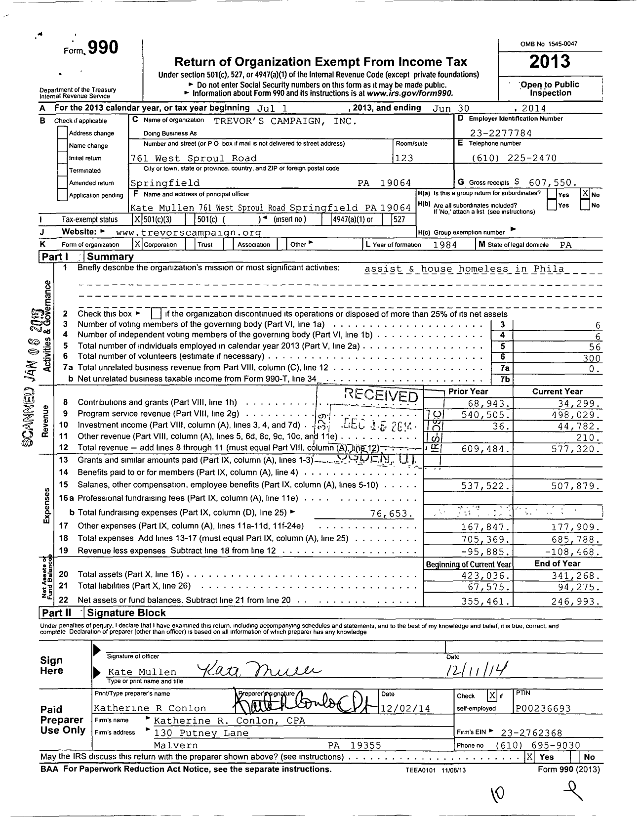 Image of first page of 2013 Form 990 for Trevor's Campaign