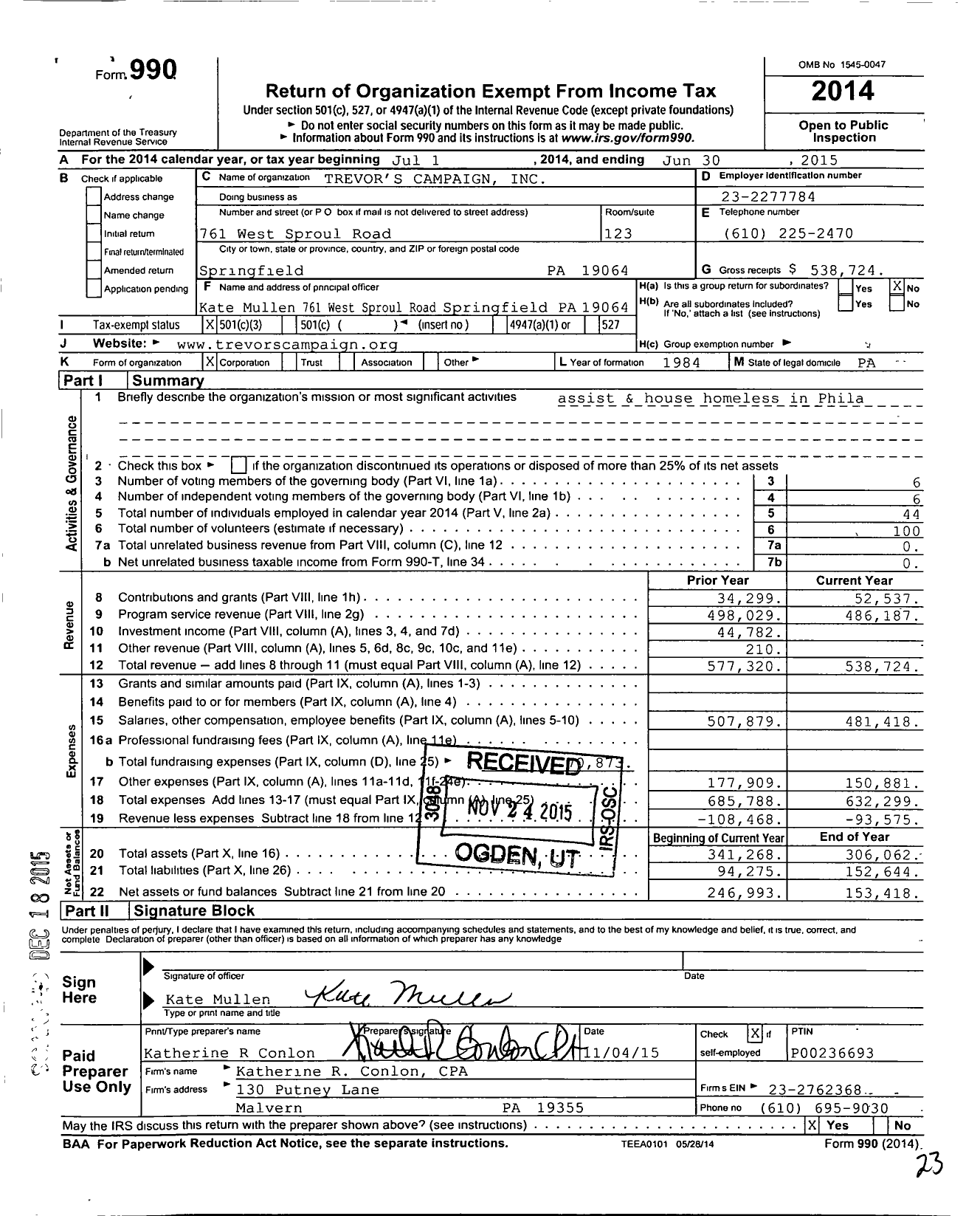 Image of first page of 2014 Form 990 for Trevor's Campaign