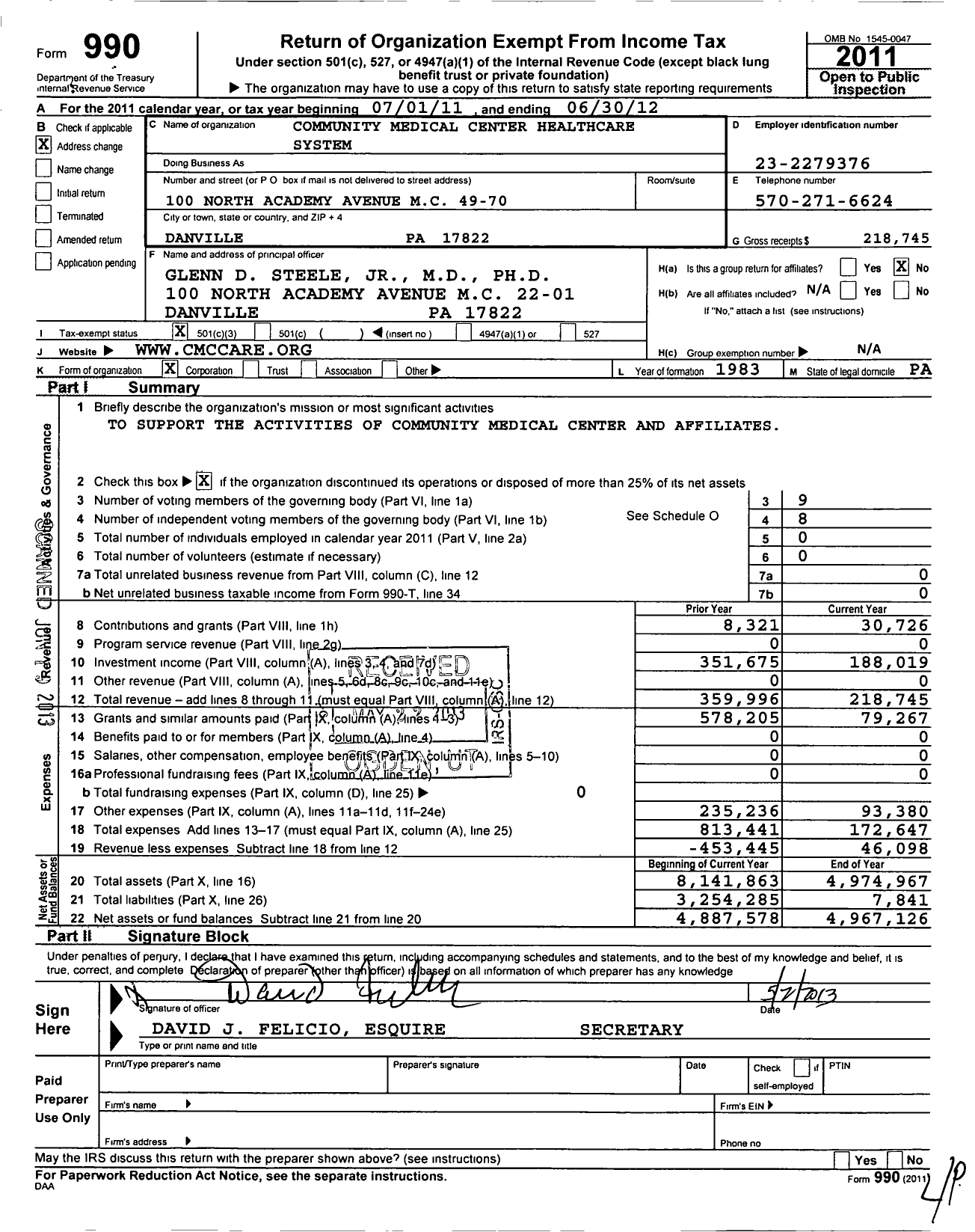Image of first page of 2011 Form 990 for Community Medical Center Healthcare System