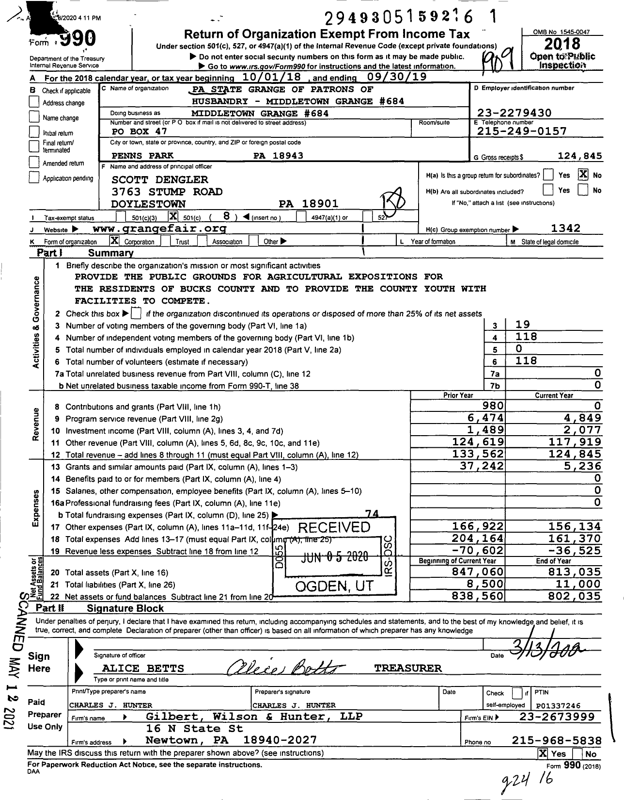 Image of first page of 2018 Form 990O for Pennsylvania State Grange of Patrons of Husbandry - 684 Middletown Grange