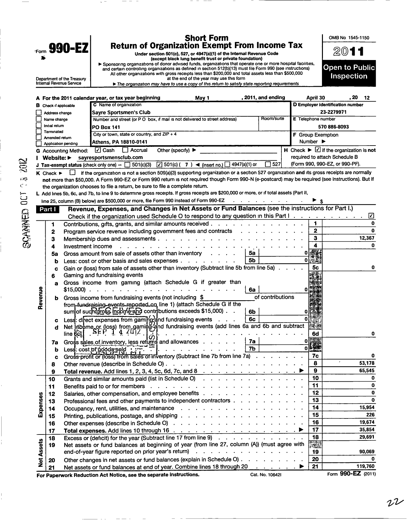 Image of first page of 2011 Form 990EO for Sayre Sportsmens Club