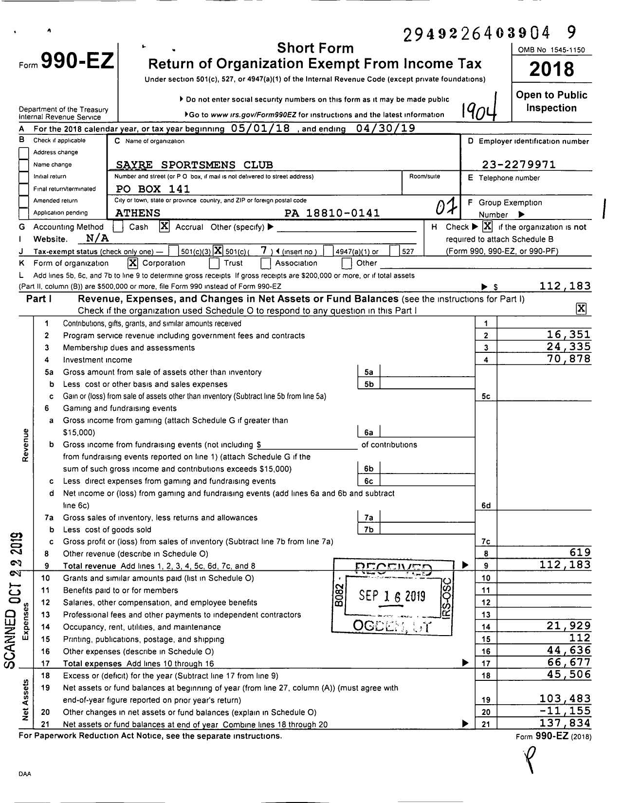 Image of first page of 2018 Form 990EO for Sayre Sportsmens Club